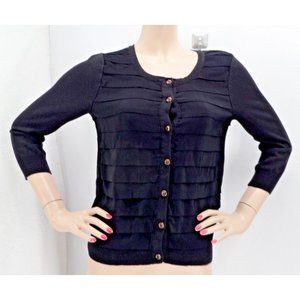 MICHAEL KORS BLACK MIXED MEDIA TIERED FRONT 3/4 SLEEVES CARDIGAN SWEATER SIZE: M